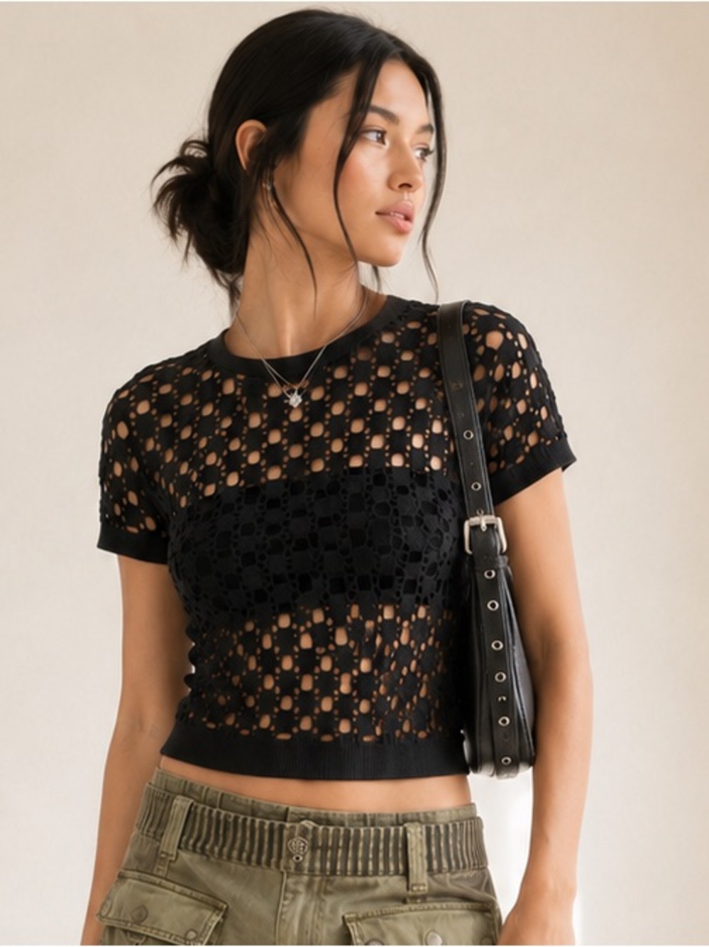 bebe Y2K Open Knit Sheer Top Made in USA Black Sz M/L